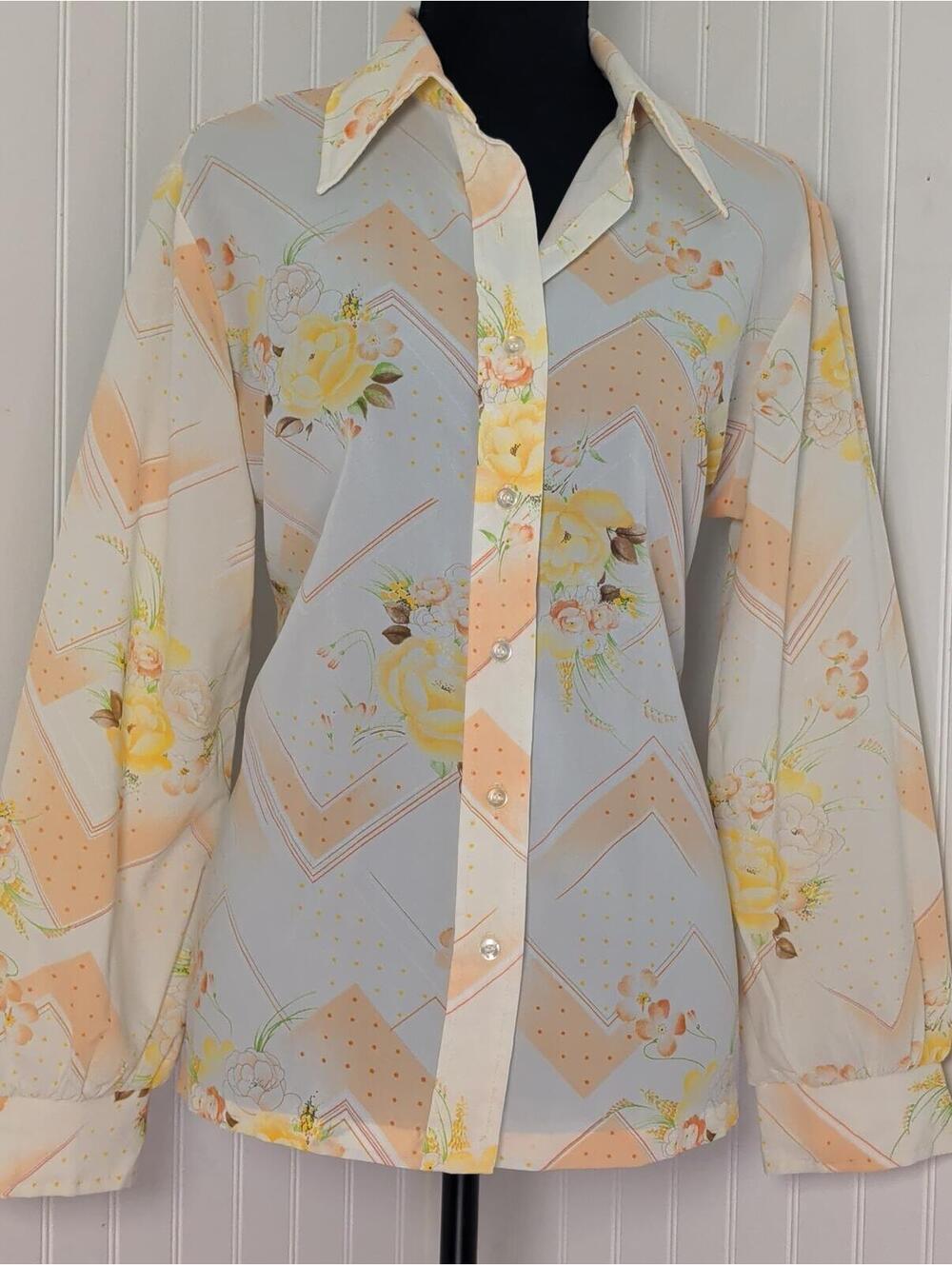 70s Lucky Winner Floral Chevron Butterfly Collar Blouse M